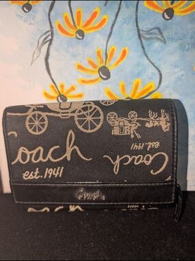 Coach Black and Tan Signature Horse Carriage Canvas Wallet